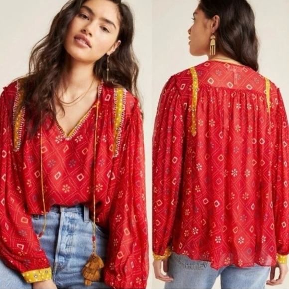 Verb Pallavi Lulita Anthropologie Semi Sheer Brick Red Peasant Blouse Top - Picture 5 of 16